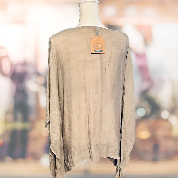 Taupe Boho Style Tunic Top with Turquoise Embroidery and Tassel Tie Bodice NWT - Picture 6 of 6